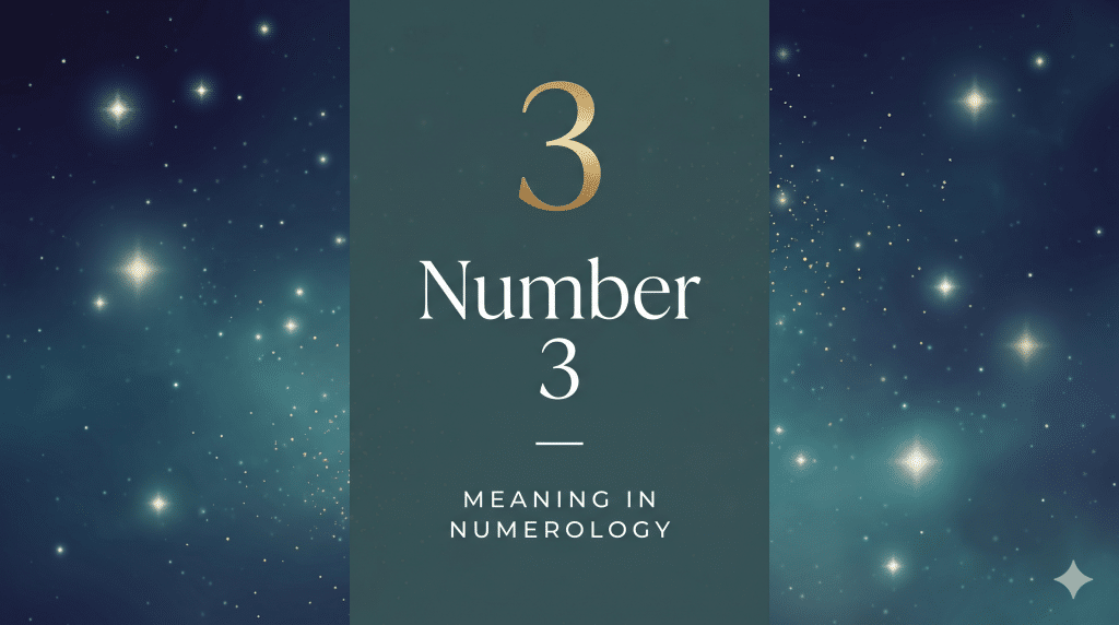 Number 3 meaning in numerology, gold 3 on a starry teal background