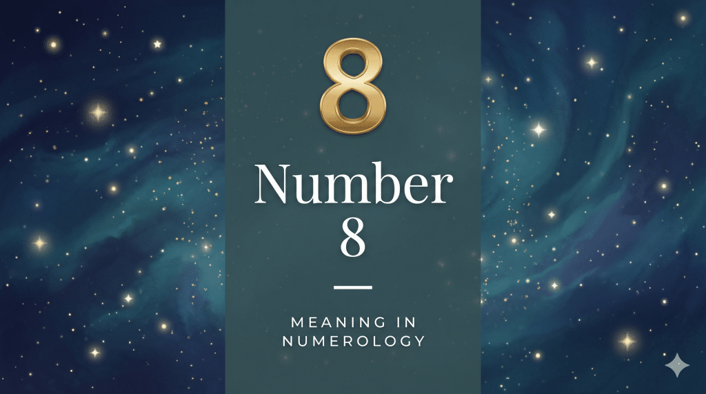 Number 8 meaning in numerology, gold 8 on a starry teal background