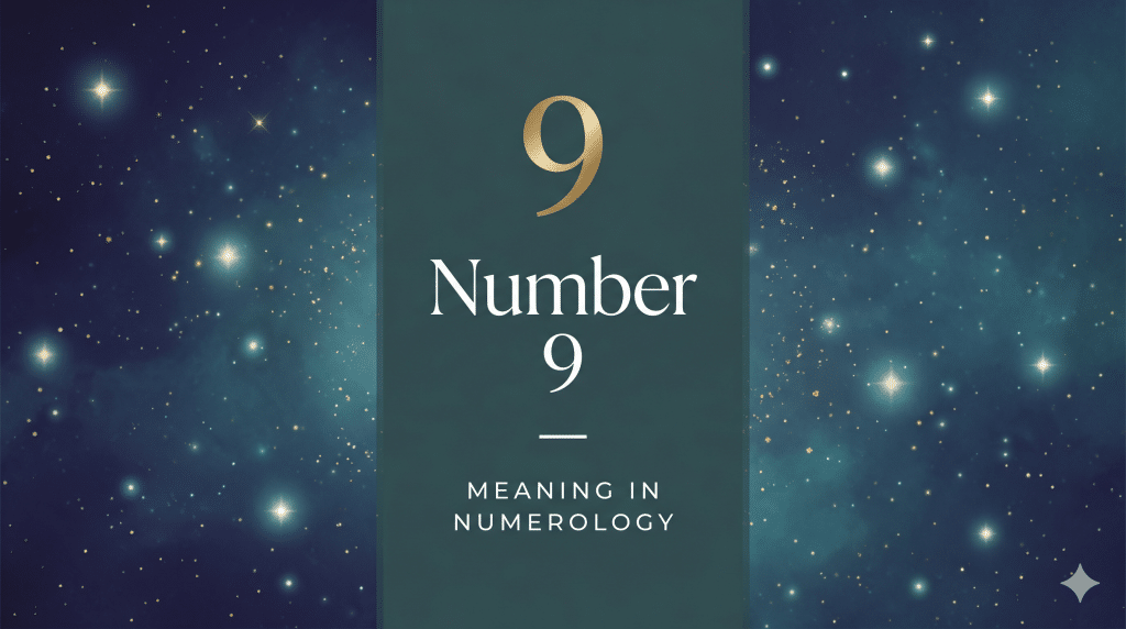 Number 9 meaning in numerology, gold 9 on a starry teal background