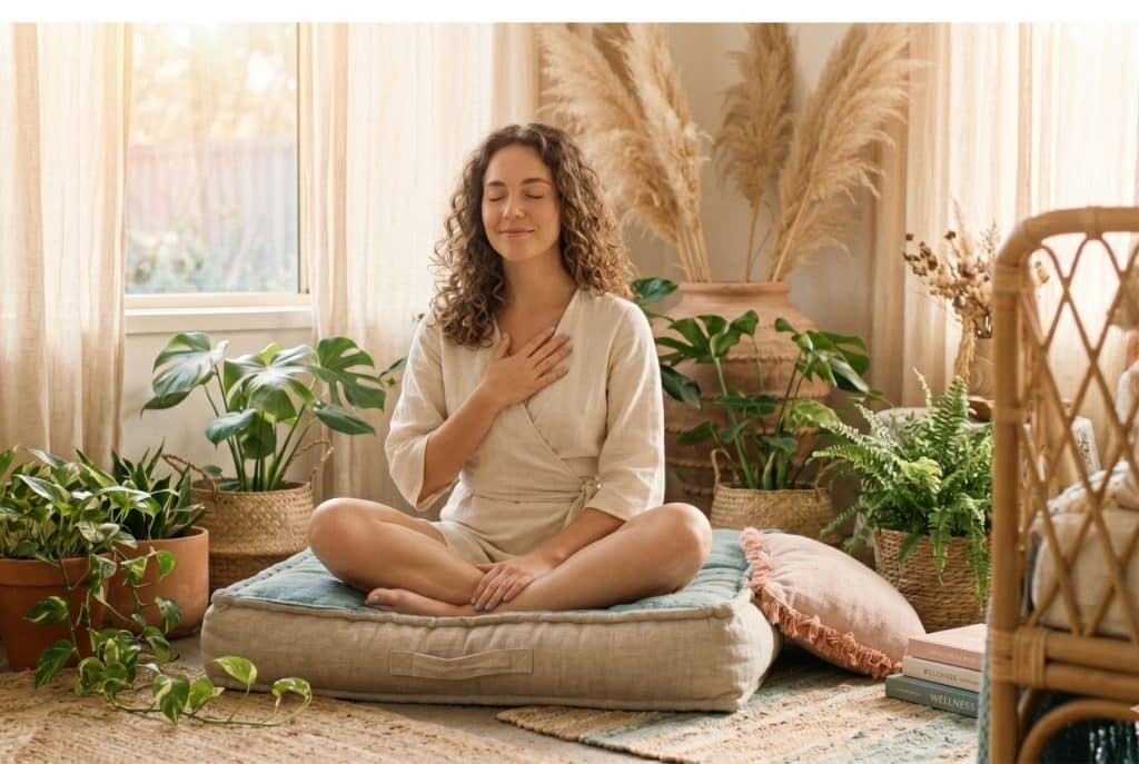 Young boho woman with a hand on her heart, calmly breathing to ease anxiety with Reiki