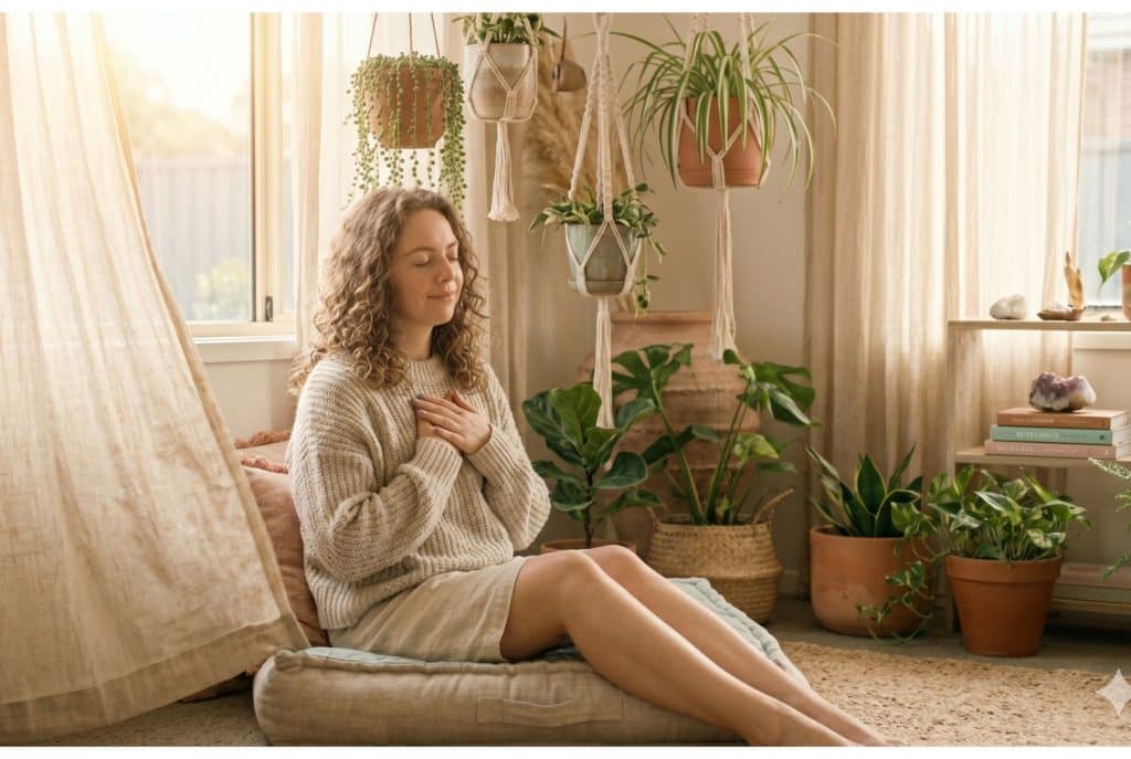Young boho woman with hands over her heart by a window, finding gentle comfort in grief with Reiki