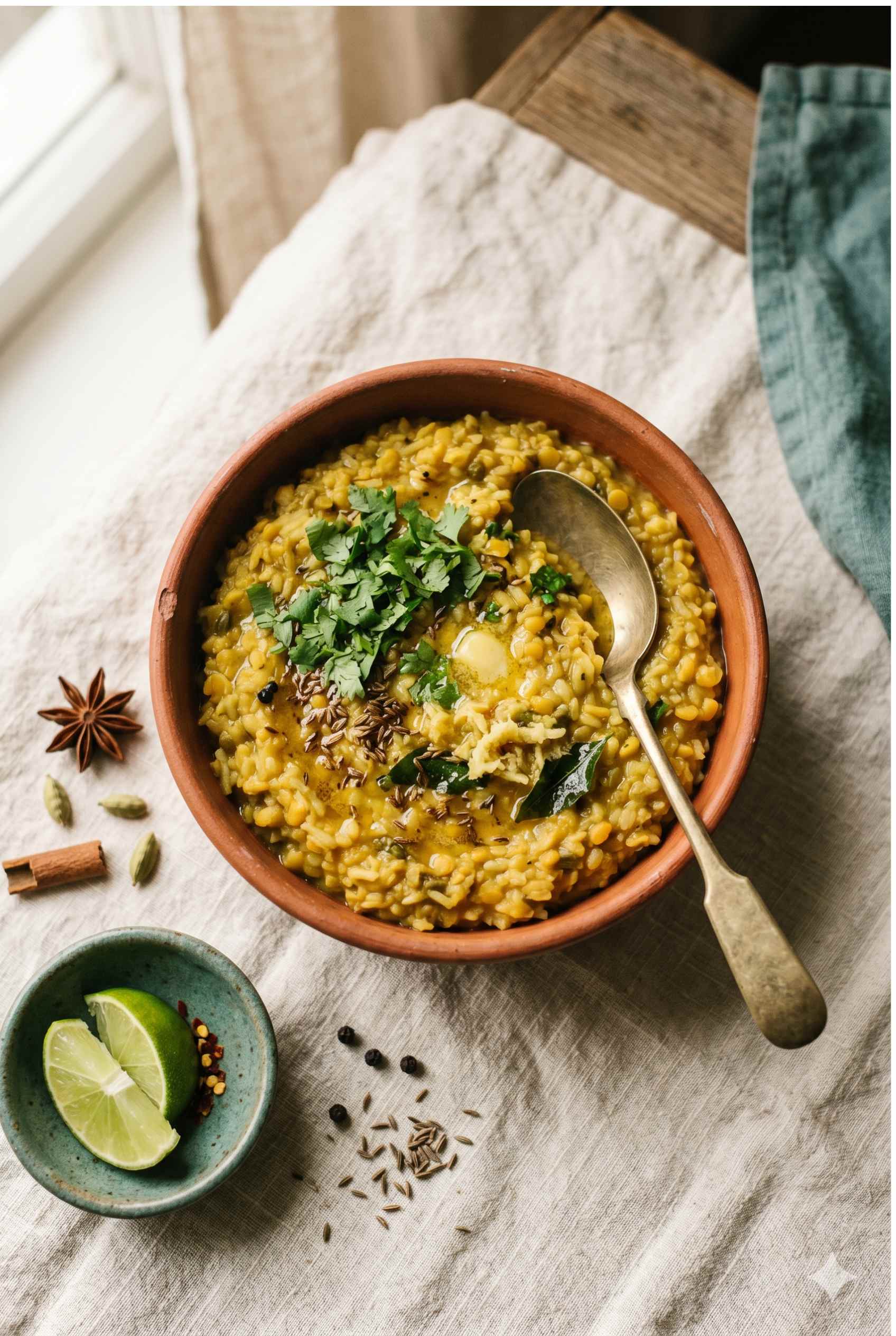 Warming mung dal kitchari, a grounding Vata recipe