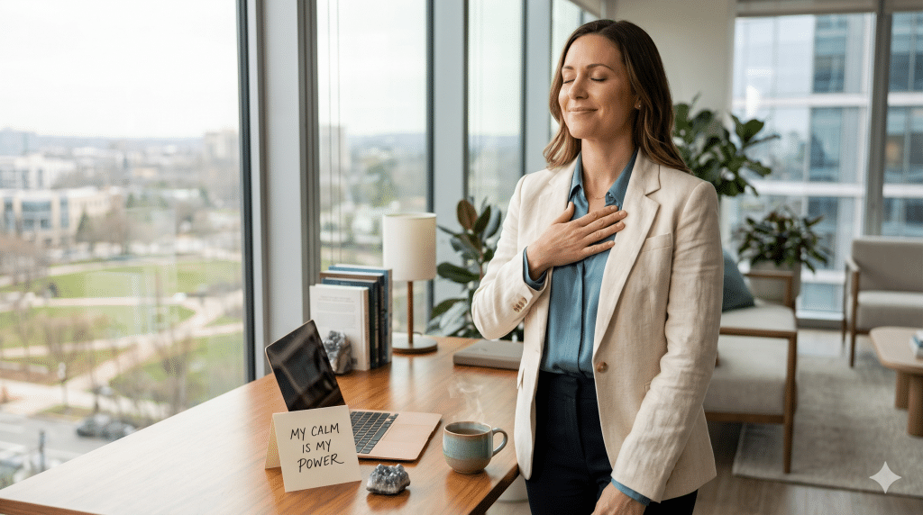 woman by an office window with hand on heart practicing career affirmations