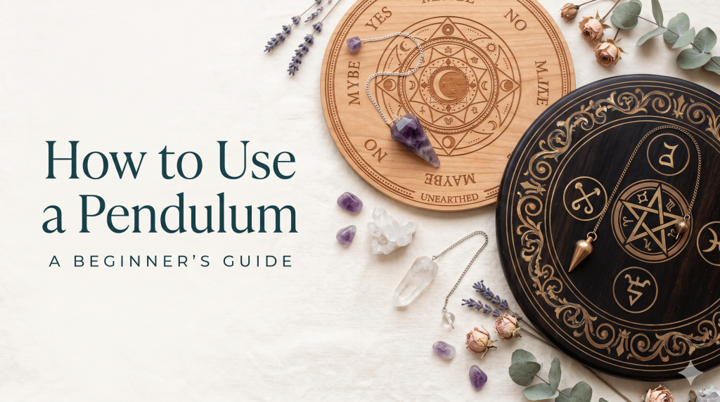 How to use a pendulum: a flat lay of pendulum boards and crystal pendulums