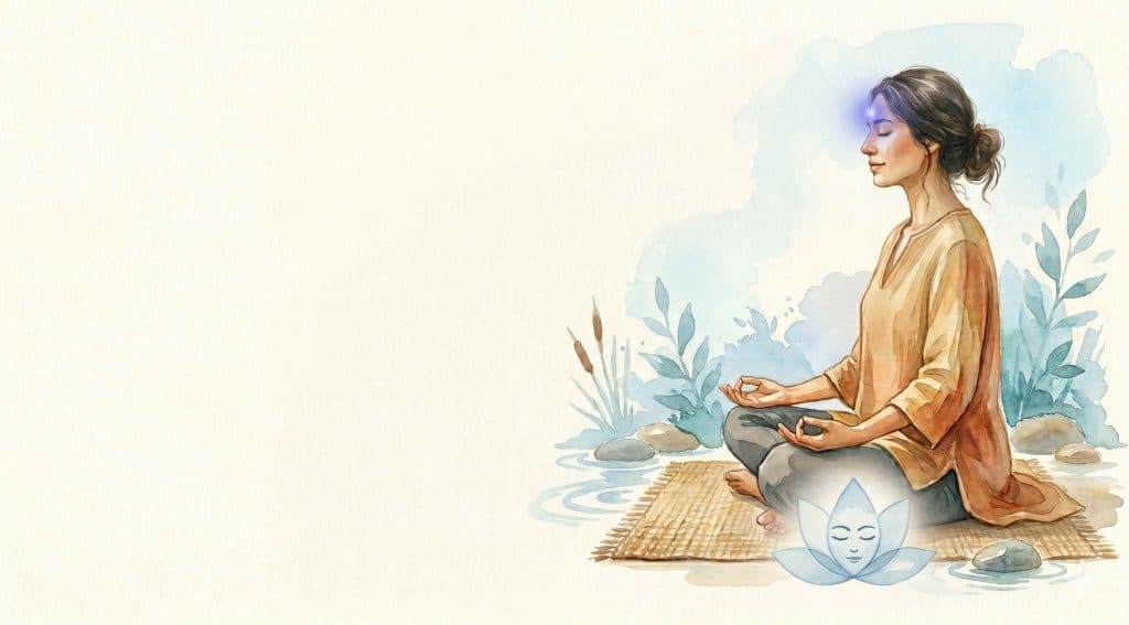 Third eye chakra healing illustration with indigo light between the brows