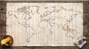 World map with colored astrocartography lines for each planet fanned across the continents