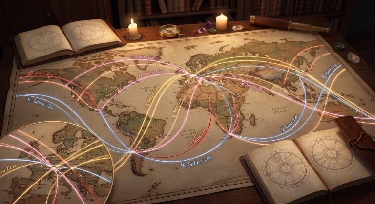 Astrocartography map with planetary lines