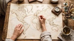 Vintage world map with astrocartography planetary lines and a woman's hands tracing a route