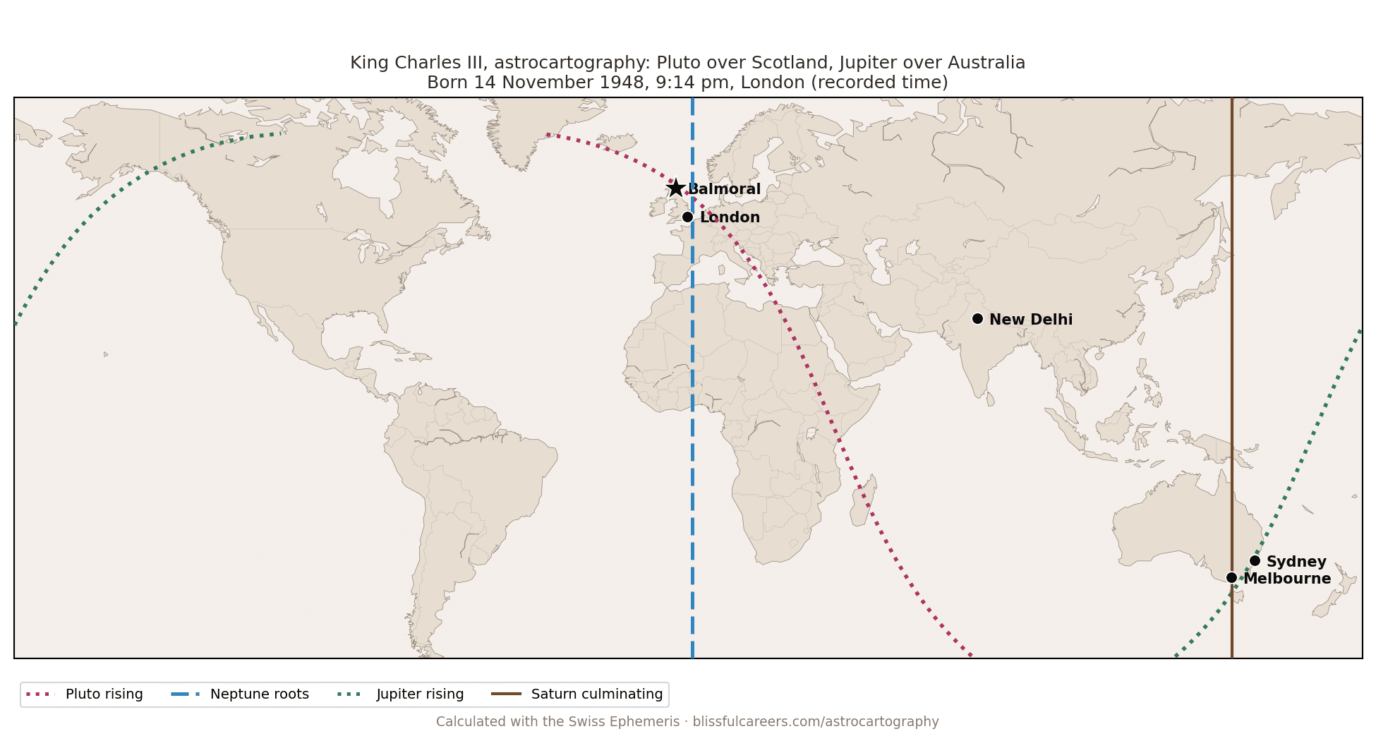 World map of King Charles III astrocartography: Pluto rising line through Scotland near Balmoral, Neptune roots line through London, Jupiter rising line through Sydney and eastern Australia, Saturn culminating line near Melbourne