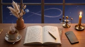 Cozy evening desk with journal, tea and phone face down under warm candlelight during Mercury retrograde