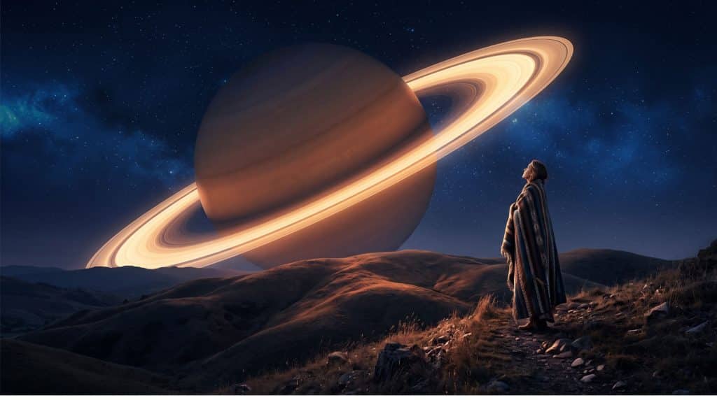 Large ringed planet Saturn glowing over a night horizon while a woman watches from a hilltop