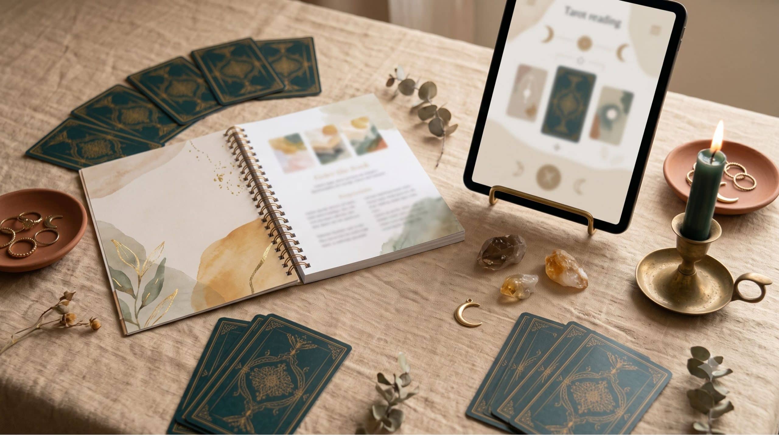 The Complete Tarot Reading Guide ebook shown printed and on a tablet