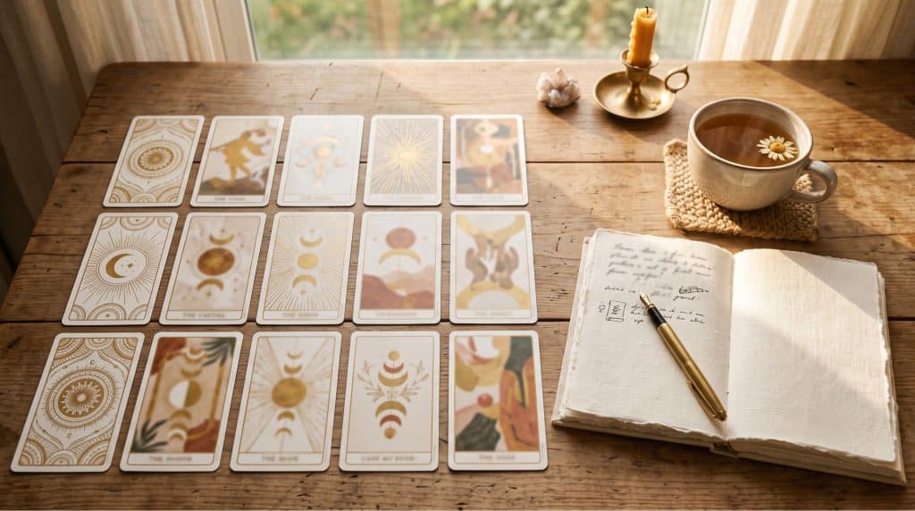 Tarot cards arranged in study rows beside a notebook, learning the card meanings