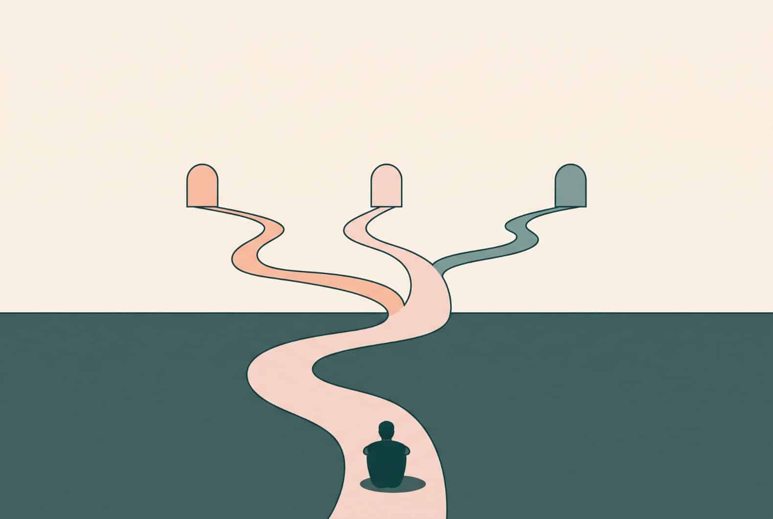 Illustration of a path splitting into three directions, representing the three outcomes of the energy healing quiz