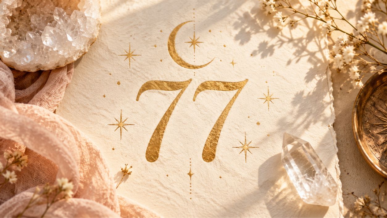 The number 77 written in soft gold on a cream background with a crescent moon and scattered stars
