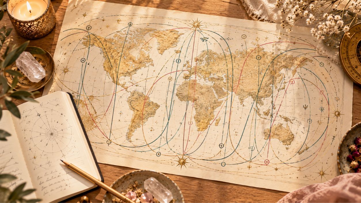 A world map with colored planetary lines curving across it, a pencil and a notebook with handwritten notes beside it