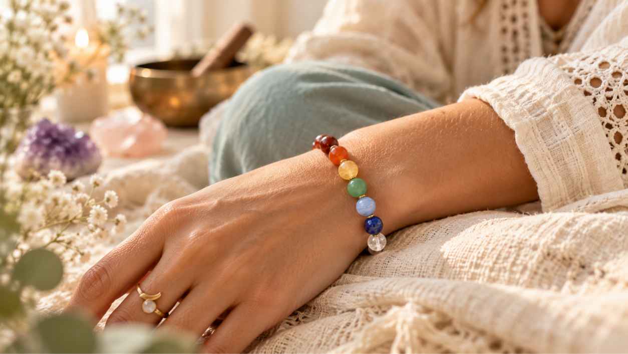 Close up of a seven chakra stone bracelet on a woman's left wrist resting on cream linen