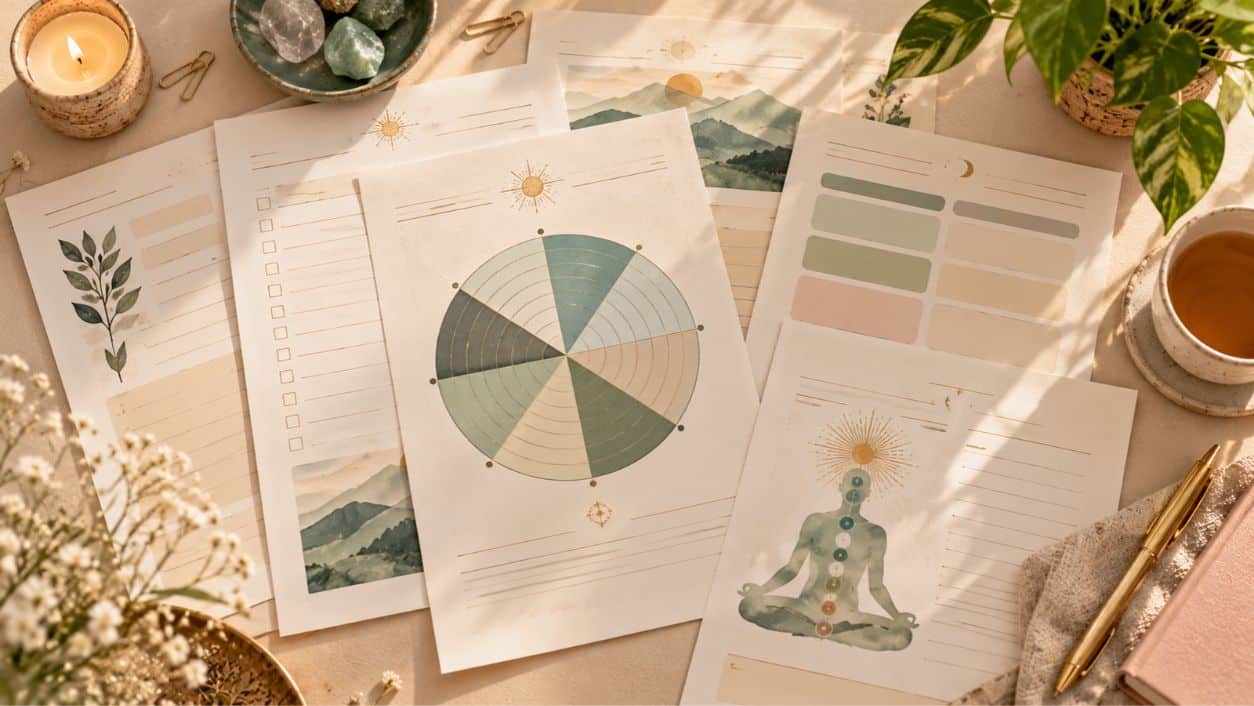 Printed life coaching templates including a wheel of life worksheet and a client intake form spread on a desk with a pen and a plant