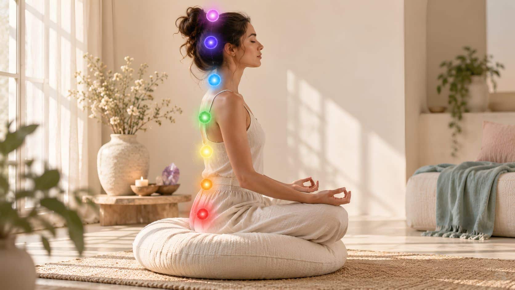Woman sitting in meditation with the seven chakra colors glowing along her spine